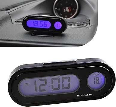 MLY 1 PC 2-in-1 Car Digital Clock & Thermometere Display, Blue Backlight LED Dashboard with Adhesive Mount, Universal Small Digital Clock Power Operated for Vehicles & Home Use Black