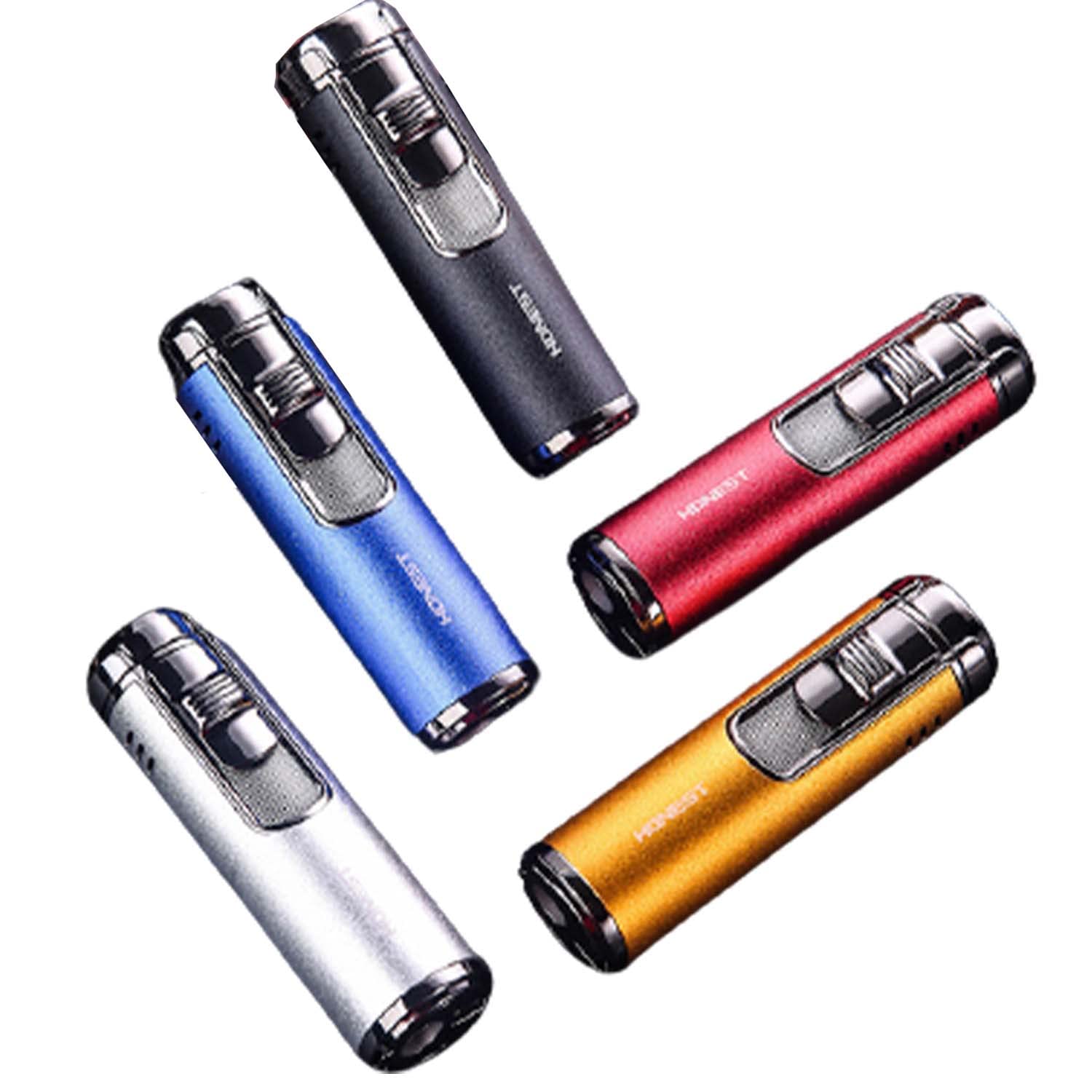 Paquet de 5 Métal Cigare Briquet Cylindrique 4 Jets Rouge Flamme Torche Rechargeable Au Butane avec Cigar Punch Briquet de Poche Vente en Gros (sans Gaz)