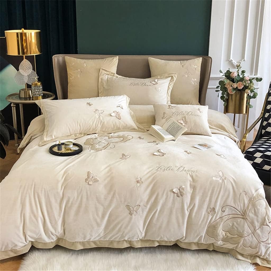 Milk Velvet Three-Dimensional Butterfly Embroidery Four-Piece Girl Coral Quilt Cover Autumn and Winter Warm Bedding (Color : A, Size : 2m) (A 1.5m)