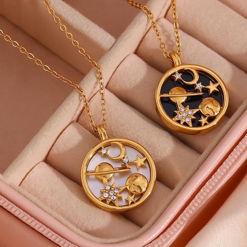 Gold Saturn Necklaces for Women 18K Gold Plated Stainless Steel Moon Star Necklace Dainty Gold Coin with Mother of Pearl Pendant Mothers Day Celestial Jewelry Graduation Gifts - Image 7