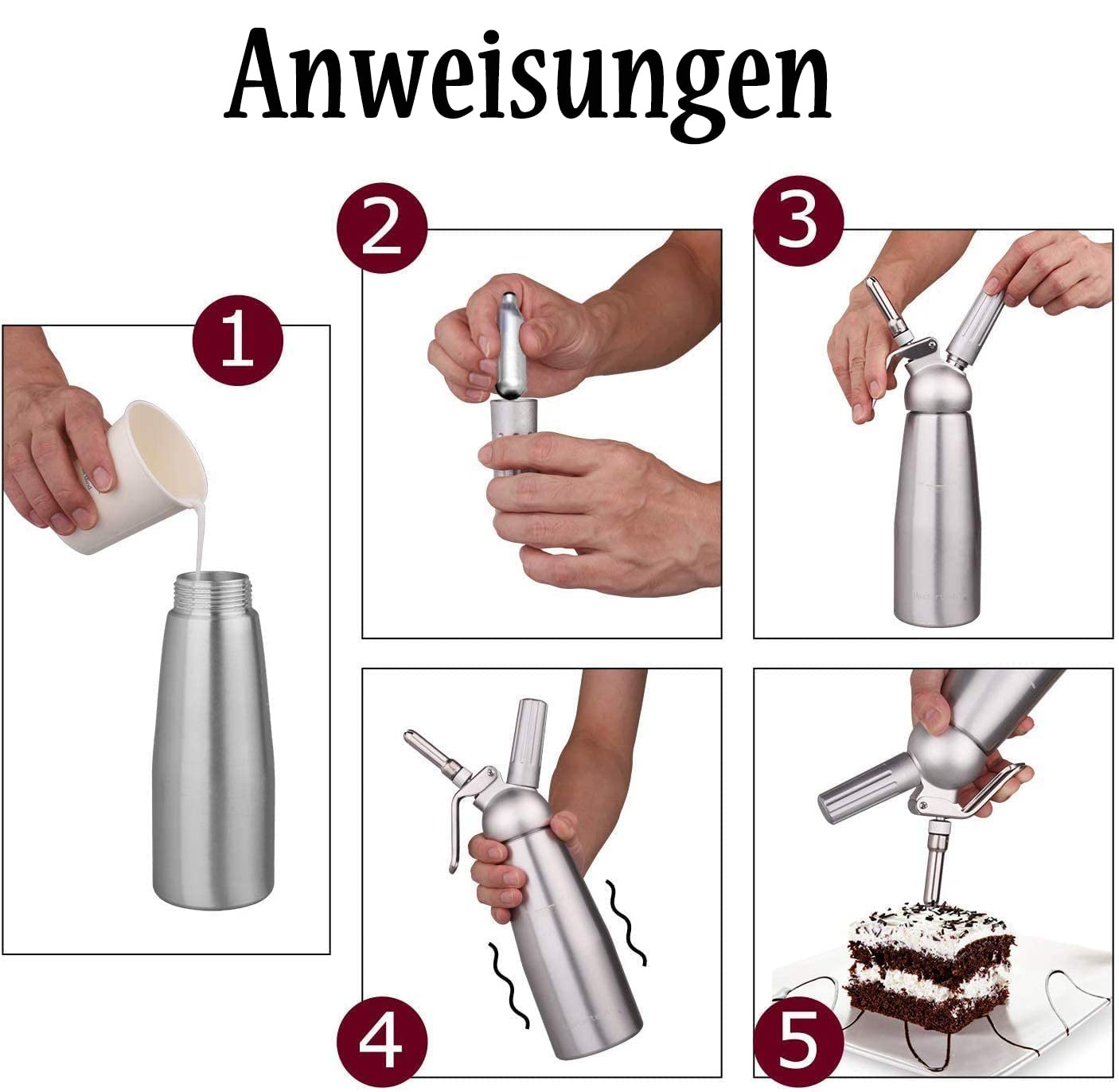 Sahnespender-Edelstahl 250ML,Edelstahl Sahnesyphon mit 6 Dekorations-Düsen und 1 Reinigungsbürsten, Edelstahl Sahnespender für Cremes und Soßen