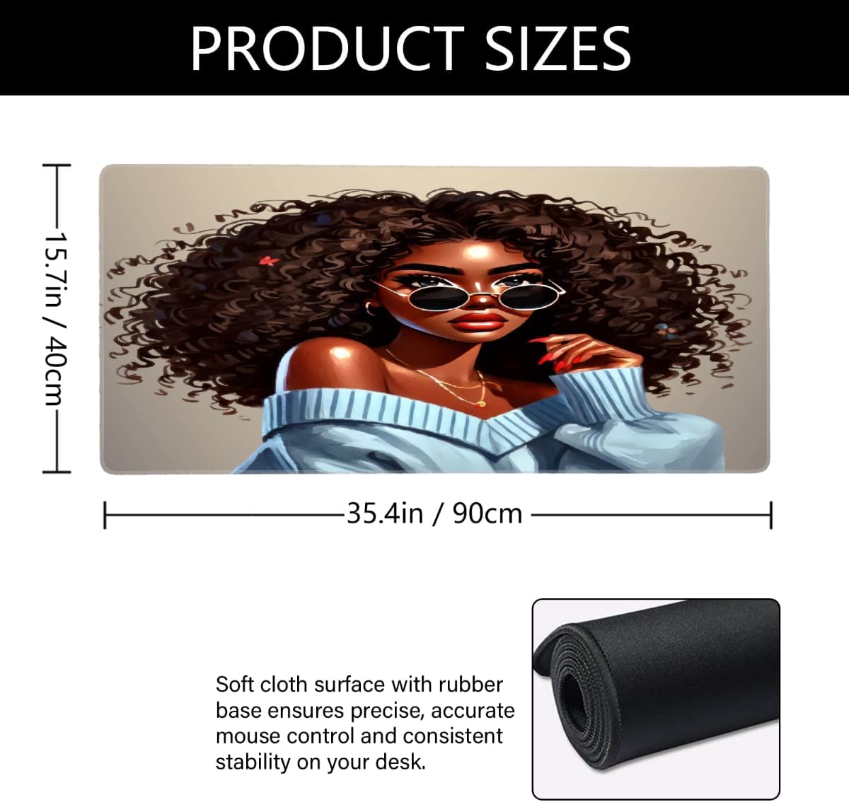 Black Fashion Girl Large Mouse Pad Gaming Mousepad Desk Mat for Desktop Computer Keyboard Waterproof Mouse Mat Desk Pad with Non-Slip Base for Game School Office Home 35.4" x 15.7"