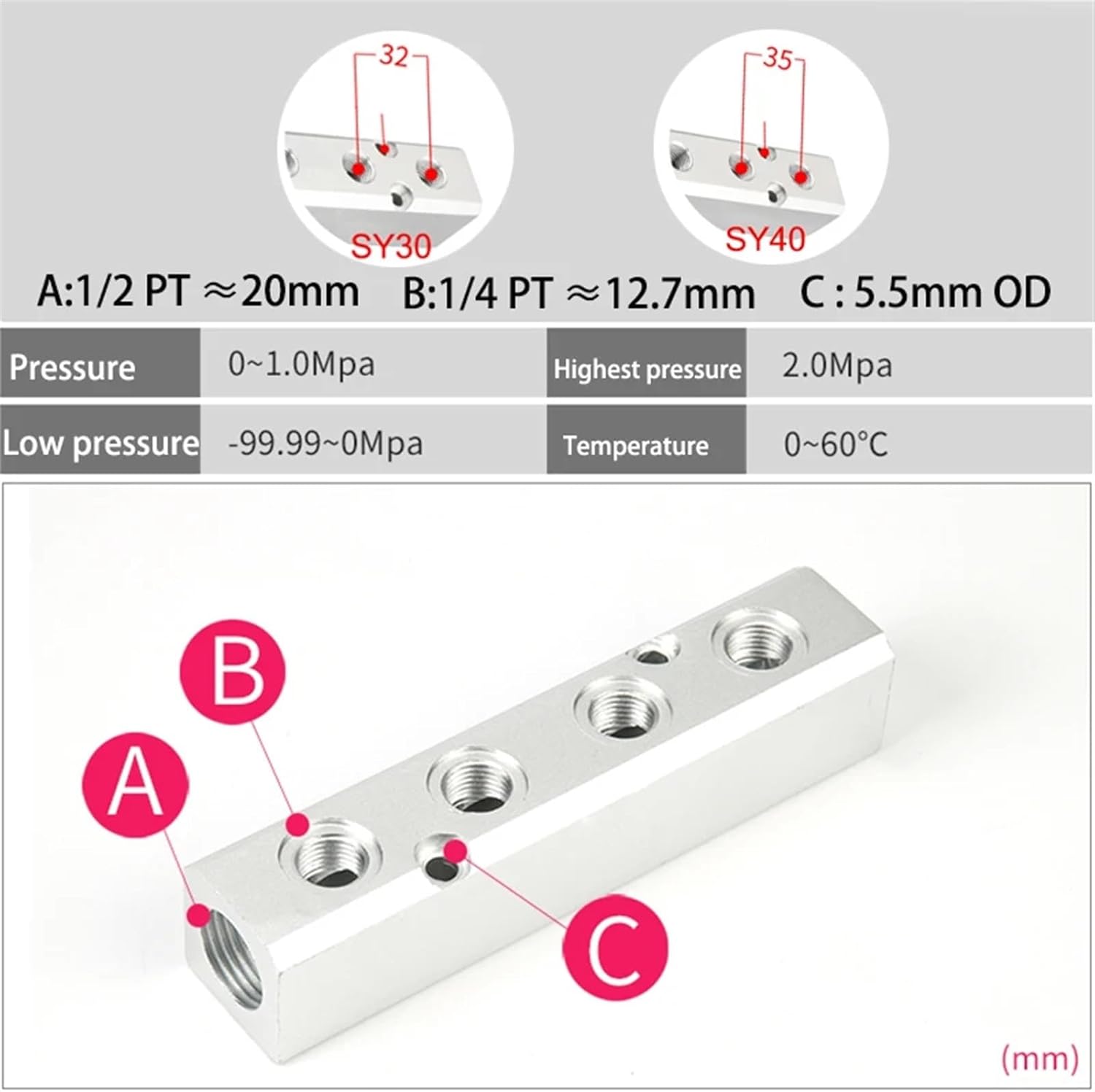 PT Thread Port 2 3 4 5 6 Way Pneumatic Quick Connector Air Hose Aluminum Manifold Block Splitter Connector Fittings (Color : SY40 9 Way 11 Port)