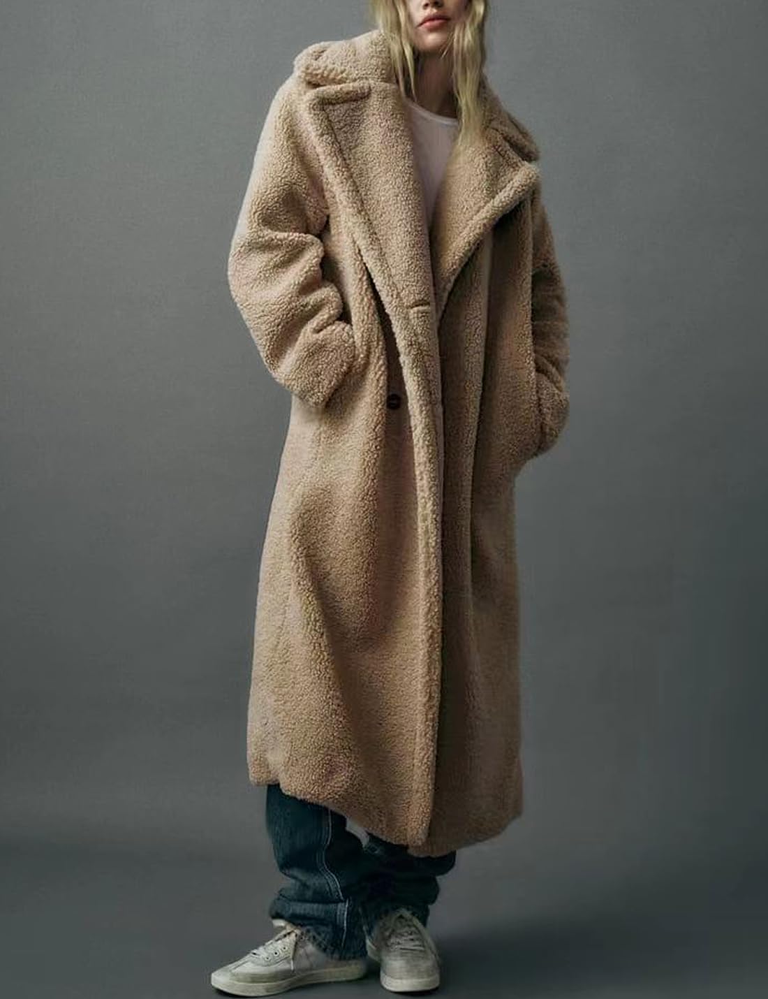 Sukany Cappotto in pile invernale casual da donna con colletto dentellato a doppio petto giacche lunghe con risvolto Outwear