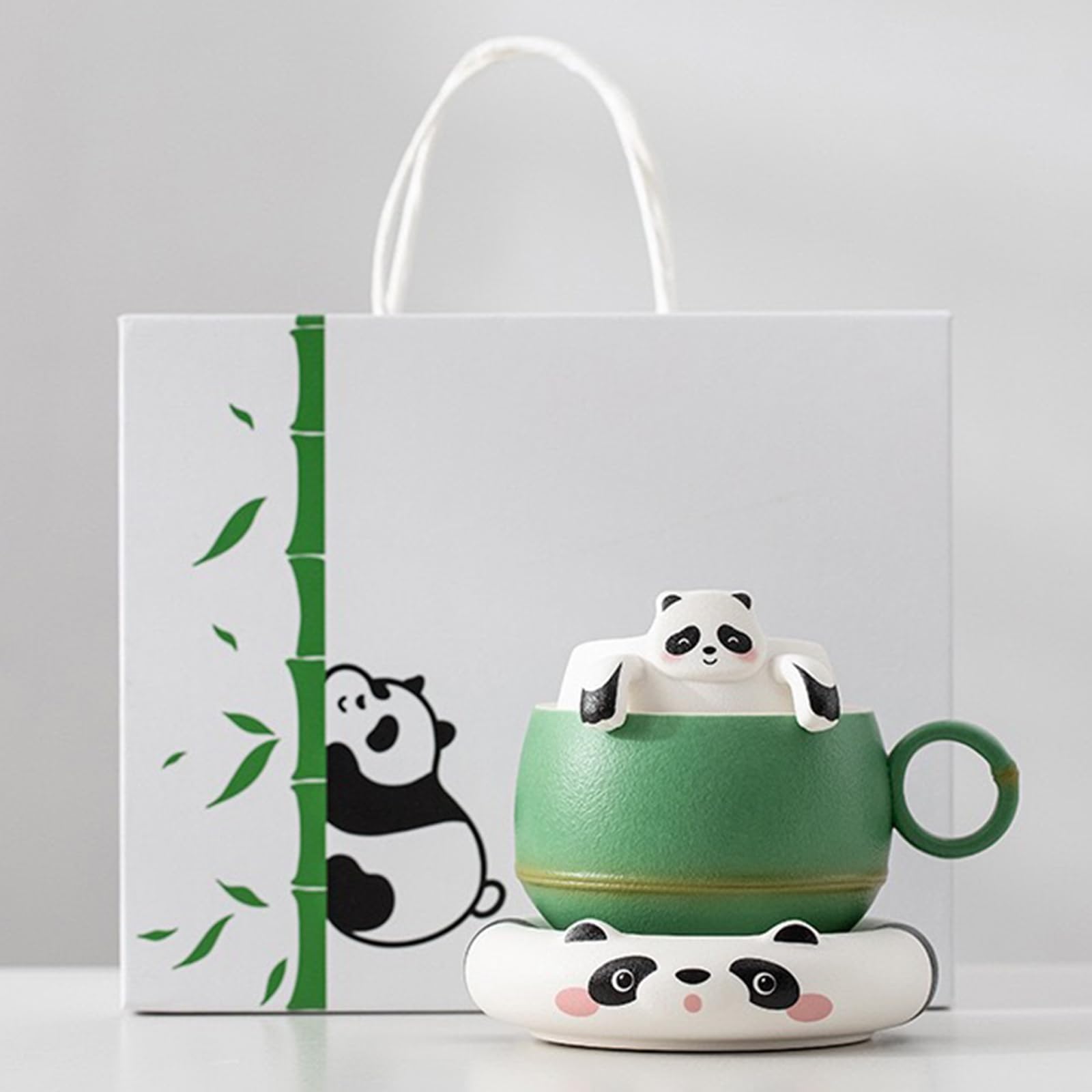 OHAANYY Juego de tazas de té de panda, taza de té y café de cerámica con colador, platillo y cuchara, divertida taza de animales con separador de té, 240 ml, regalo creativo para mujeres (verde y