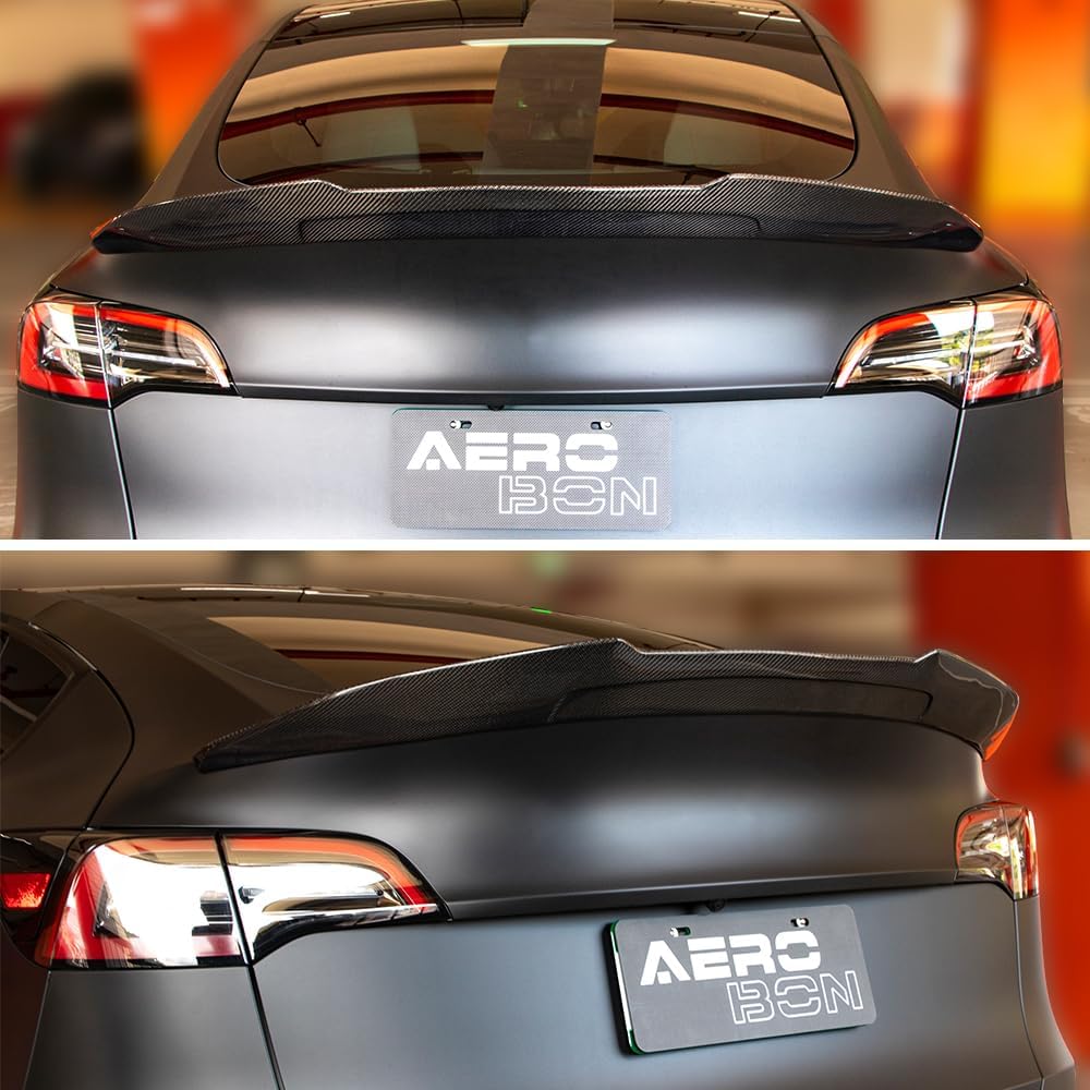 AeroBon Real Carbon Fiber Trunk Spoiler Compatible with 2020-2024 Tesla Model Y Rear Spoiler (H Style) High Kick