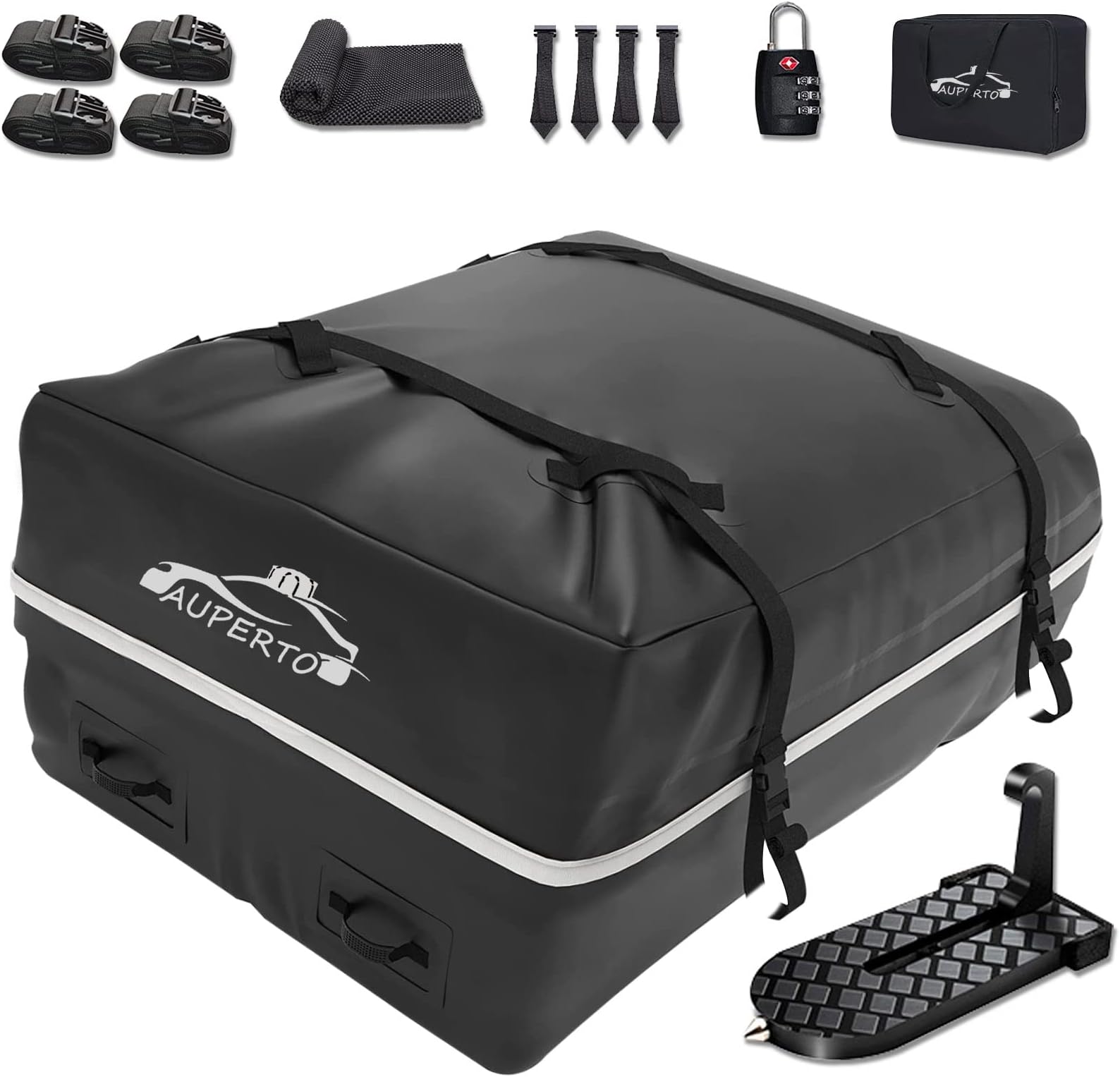 AUPERTO Car Roof Cargo Bag, 425 Liters Foldable Car Roof Bag with Anti-Slip Mat and 4 Heavy-Duty Straps, 4 Door Hooks,Car Step, Lock, Roof Bag Suitable for Any Cars