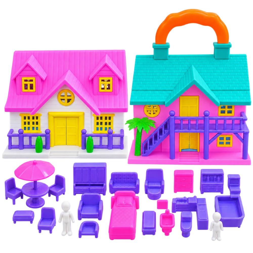 unikan girls doll house play set with mini furniture & accessories | portable dream house with carry handle | pretend play & role play toy for kids | colorful miniature home playset for creative fun
