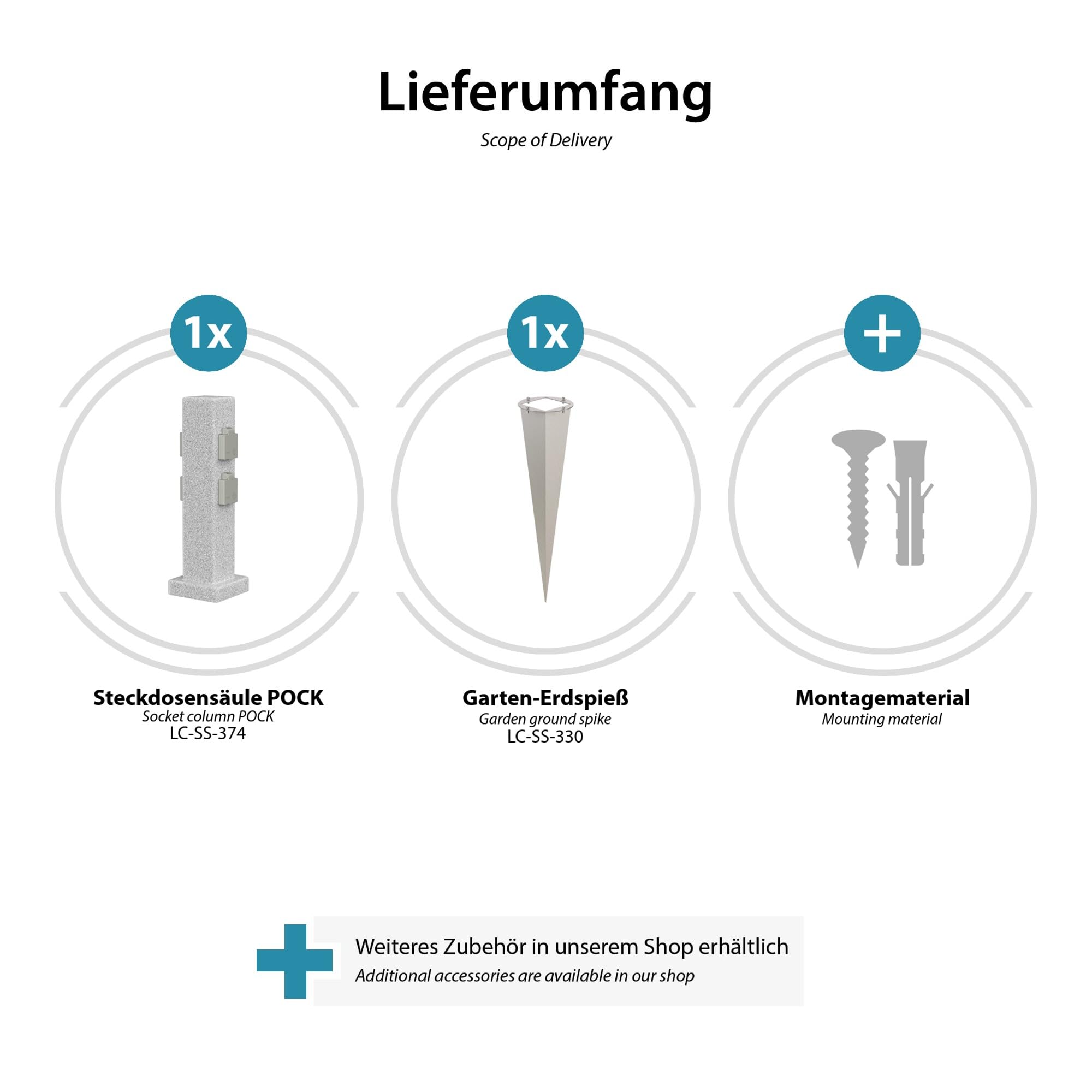 ledscom.de Garten-Steckdosen-Säule Pock mit Erdspieß für außen, 4-Fach, Stein-Optik, eckig, 39,5cm