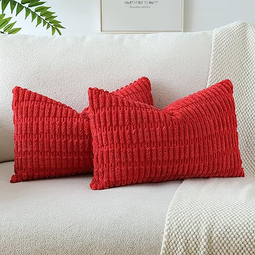 JOTOM Set of 2 Corduroy Soft Striped Cushion Covers 30x50 cm Boho Decorative Throw Pillow Covers Lumbar Cushion Case Couch Home Decor Pillowcases for Sofa Bedroom 12x20 Inch (Red)