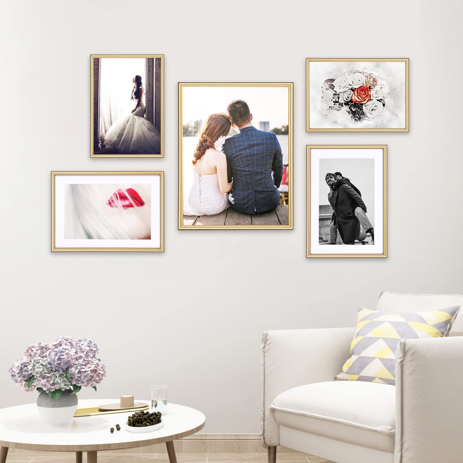 4x6 Picture Frame Thin Modern Metal Set of 4 - Brass Aluminum Floating Frames Display 3x5 Photo with Mat or 4 X 6 Photos without Mats, Fits Horizontal & Vertical for Desktop and Wall Hanging (4 Pack)