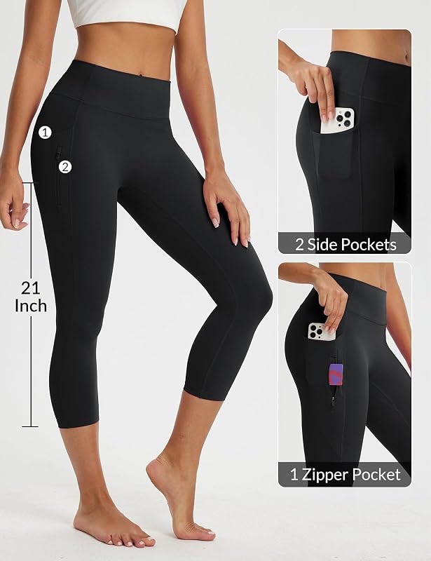 baleaf Womens Capri Leggings with 3 Pockets Yoga Pants Black XL image 3