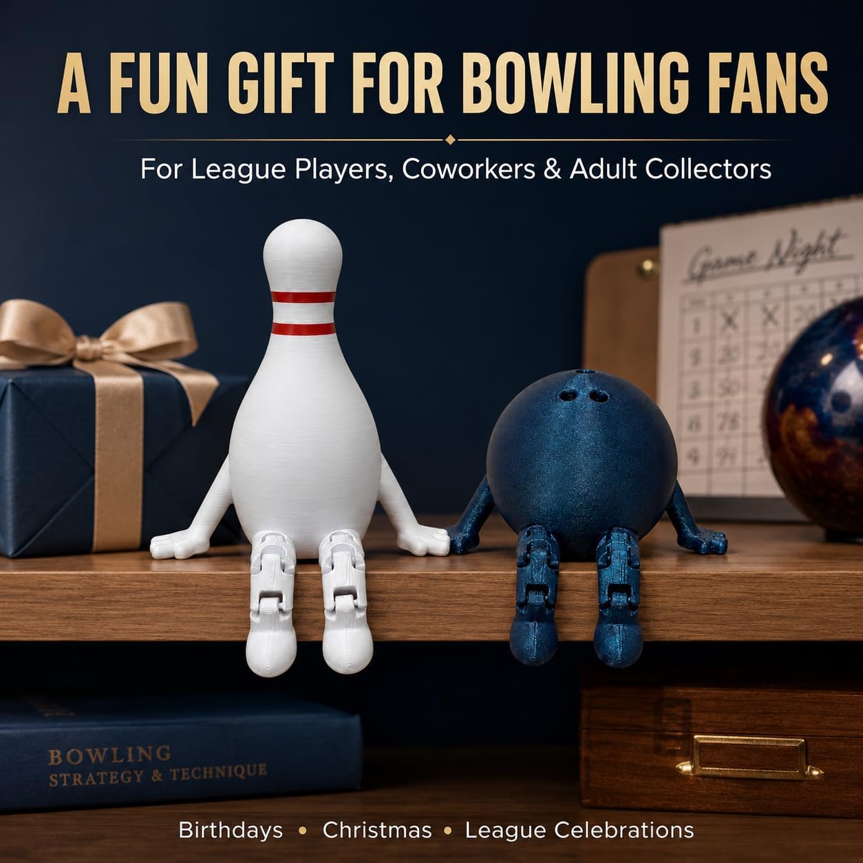 3D Printed Bowling Pin and Ball | Desk Decor Set for Office Cubicle Home Workspace, Articulated Shelf Sitter Figures Adult Bowler Gift, Set of 2