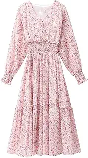 [Collecala] 長袖ワンピース レディース秋口長袖ロング小花柄プリント ワンピース 膝下ミモレ丈 Vネック裏地付き ゴムハイウエスト きれいめonepiece 若い女の子かわいい服 10色展開 S／M／L