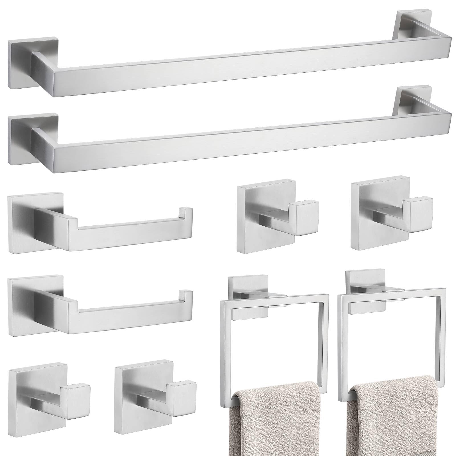 Photo 1 of 10-Piece Bathroom Hardware Accessories Set-Brushed Nickel Towel Bar, Holder & Racks-SUS304 Stainless Steel-Wall Mounted,23.6-Inch