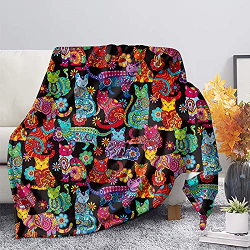 HUGS IDEA Floral Cat Pattern Blanket Bohemian Ethnic Tribal Flower Cartoon Cat