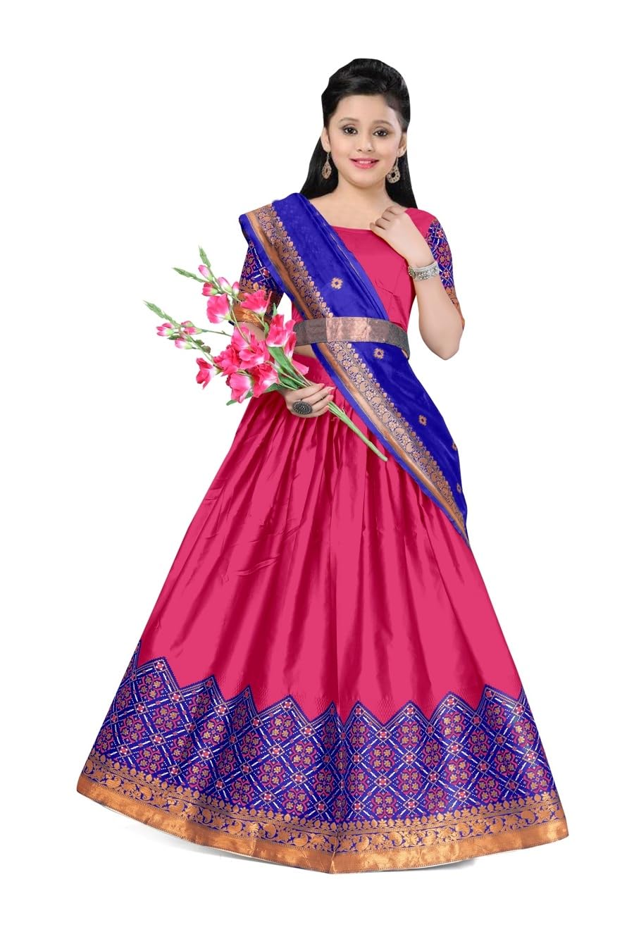 JAY NEJADHARI CREATIONGirl's Kanjivaram Traditional South Indian Resam Silk Pink Lehenga Choli set-13
