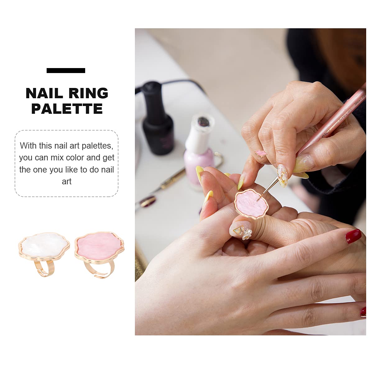 Beaupretty Nail Art Ring Palettes Set Mini Shell Marble Finger Plate Mixing Palettes for Nail Polish and Manicure Art Portable 2-Pack