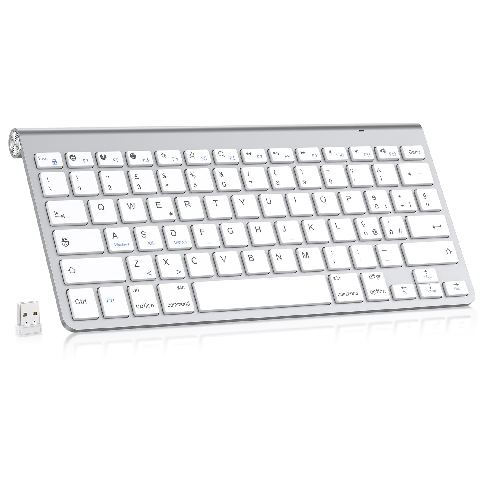 PINKCAT Teclado inalámbrico, Teclado Bluetooth 2.4G con diseño QWERTY italiano y teclas multimedia, adecuado para PC, portátil, Mac OS, Macbook pro/air, Windows (Plata)