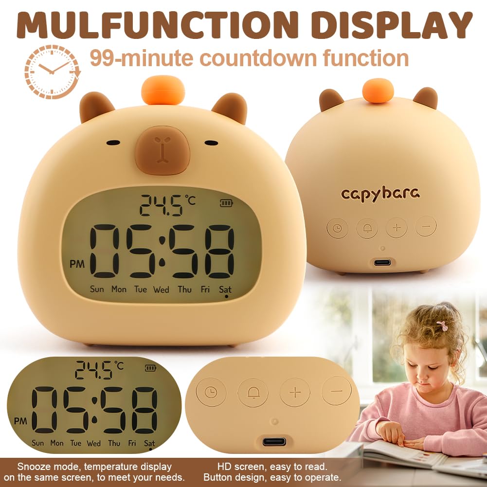 Reloj despertador para niños, bonito reloj de Capybara, reloj despertador para niños, reloj despertador Capybara con atenuación de luz nocturna, entrenador de sueño para niños, regalo de