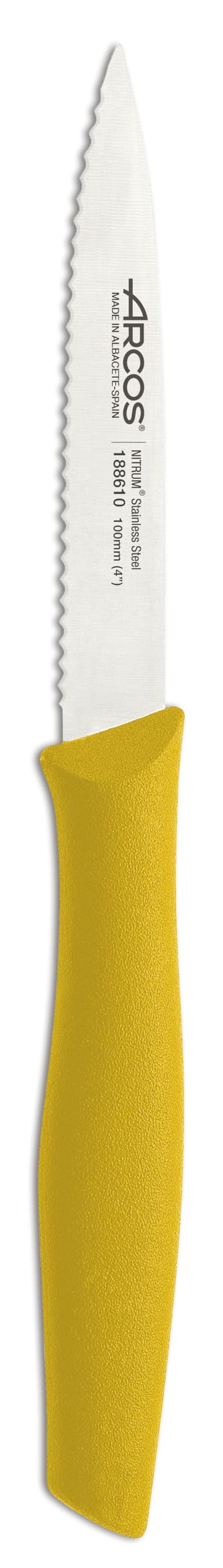 Arcos Serie Nova - Cuchillo Mondador - Hoja Serrada de Acero Inoxidable de 100 mm - Mango de Polipropileno Color amarillo