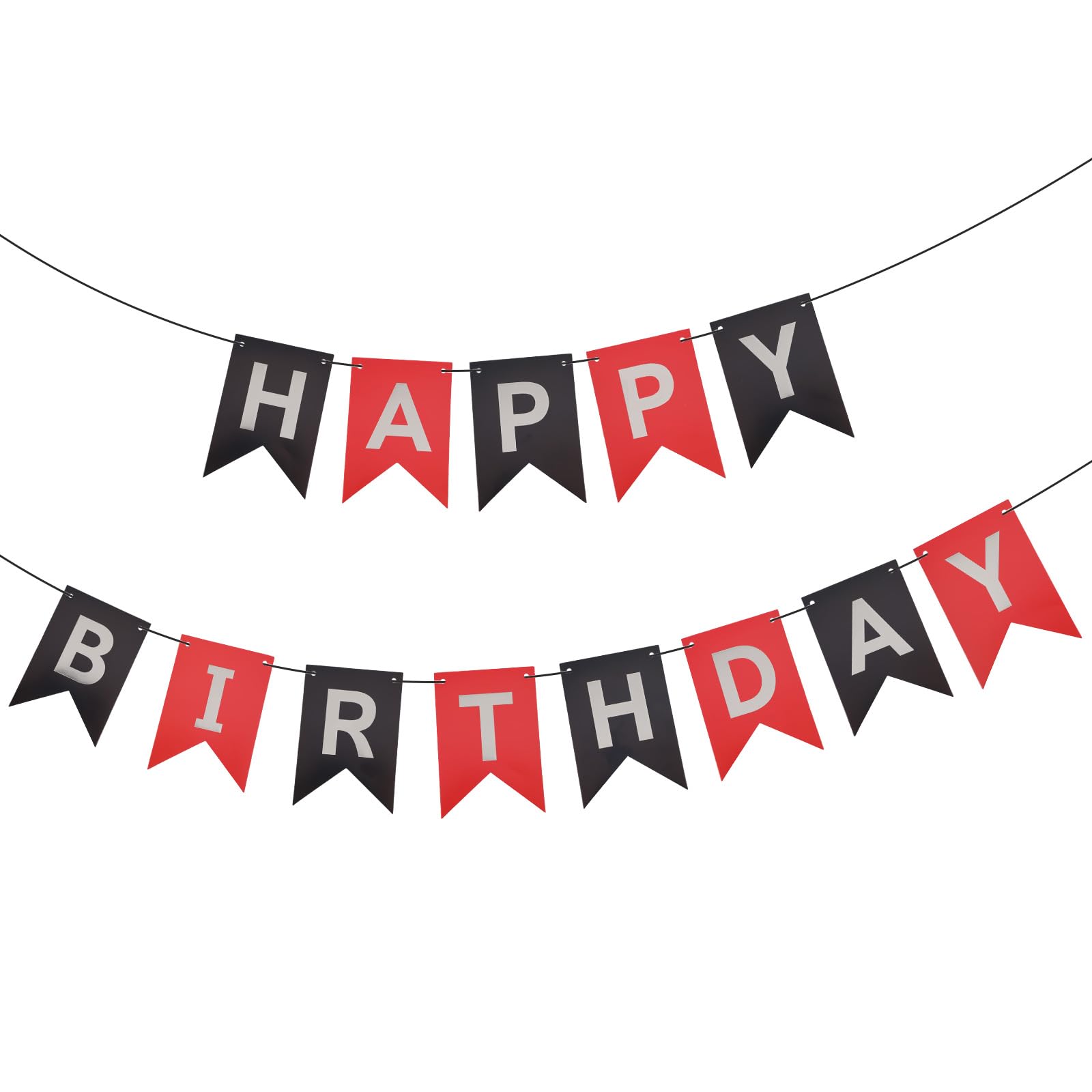 Happy Birthday Banner Sign, Red and Black Birthday Decorations Silver Hot Stamping Fishtail Flag Party Decorations Photo Backdrop Party Decor Supplies