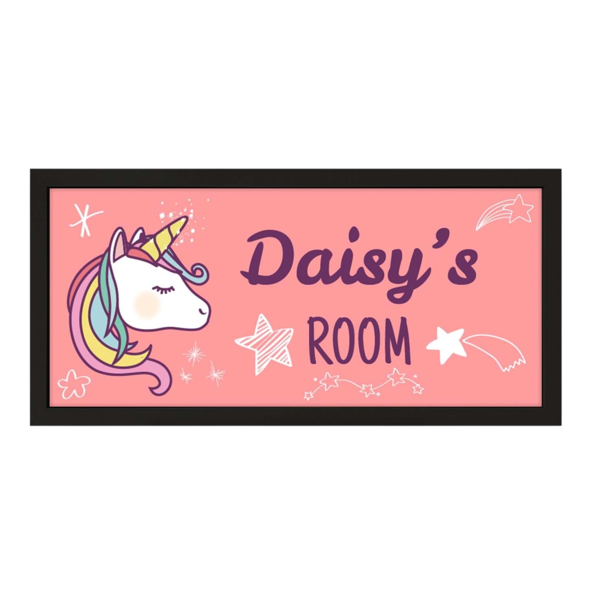 Personalised Wall Art Black Framed Print Girl's Room Unicorn | Custom Text Large Wide Room Sign | Bespoke Soft Pastel Colours | Customised Girl's Bedroom Signage | For Her New Baby Gift Christening