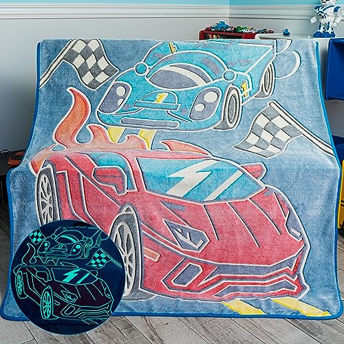 Image of Glow in the Dark Race Car Throw Blanket - Fun Birthday Gift for Kids Who Love Toy Cars & RC Cars. Cool Hot Rod Design with Wheels Burning on the Race Track. Great for Race Car Bed or Boys Room Decor.