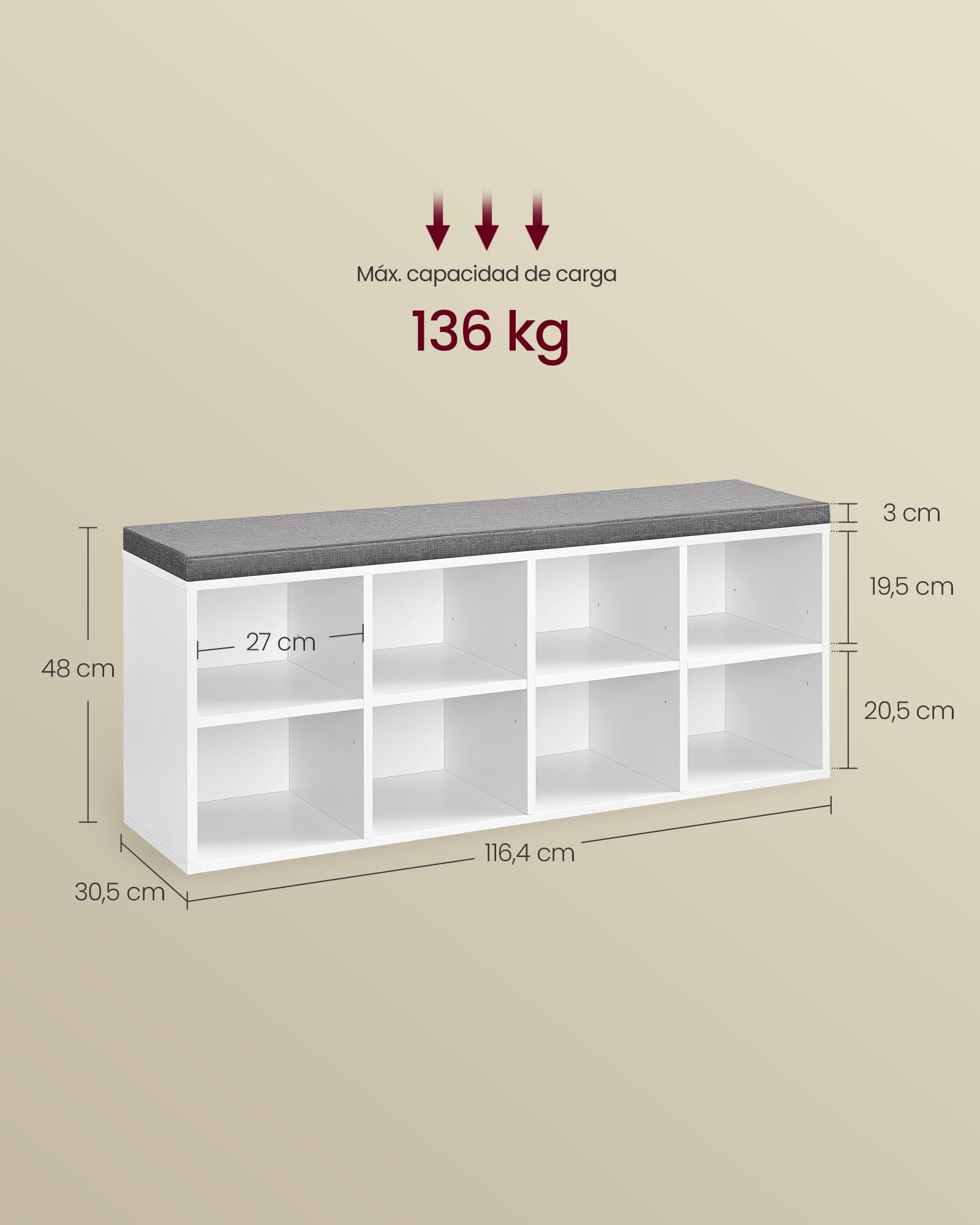 VASAGLE Banco Zapatero, Organizador Zapatero con 8 Compartimentos y 4 Estantes Ajustables, Asiento Acolchado, Compacto, para Entrada, Pasillo, Armario, Blanco Nube LHS238W14