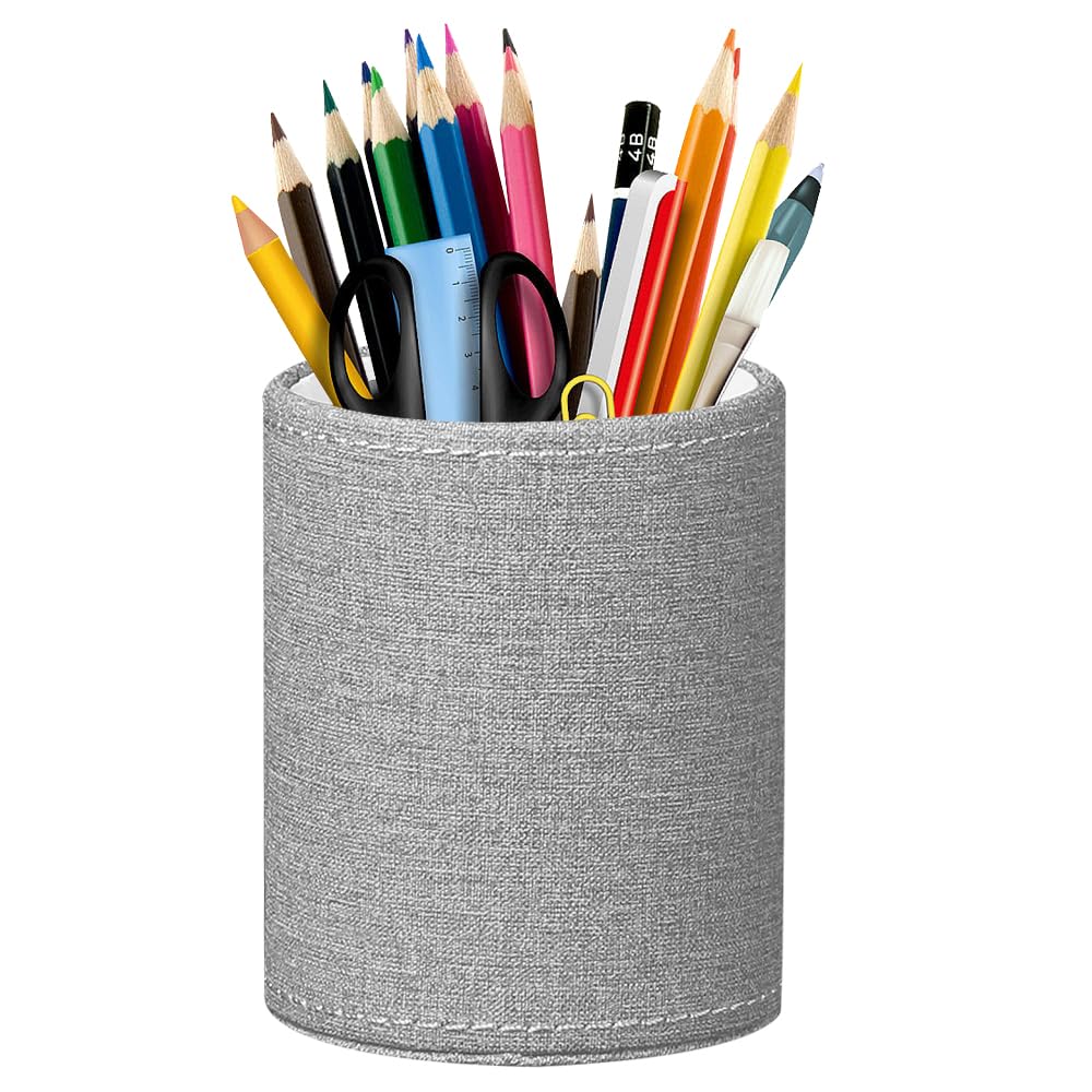 BIBELUN Pen Holder for Desk Cute, Desk Organizers and Workspace Accessories Storage, Pencil Holder Cup for Makeup Brush/Art Supplies/Stationery, Decorative Aesthetic Office Organization, PU Leather
