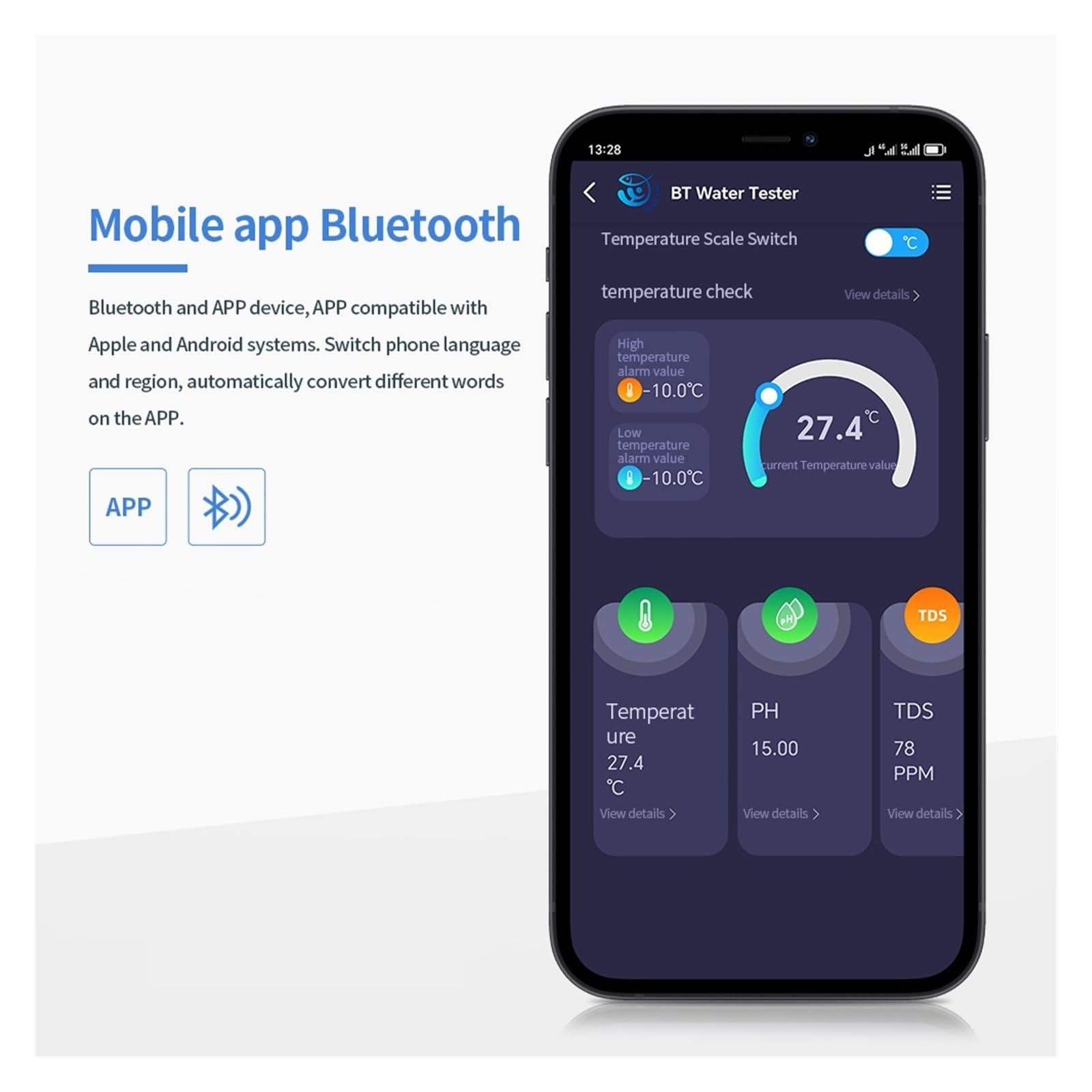 Probador de agua inteligente con Bluetooth, multifunción 6 en 1, medidor de pH/EC/TDS/salinidad/SG/temperatura, detector de agua
