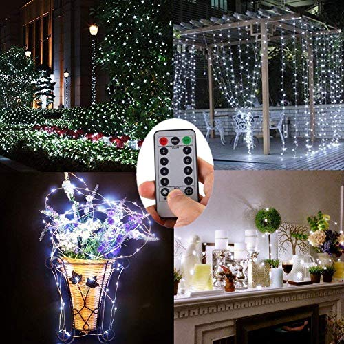 FANSIR Fairy String Lights, 2 Set 33ft 100 Led Fairy Lights Battery Operated Silver Wire Lights with Remote Control, 8 Mode Waterproof Lights for Home Garden Bedroom Centerpiece Wedding Party (white)