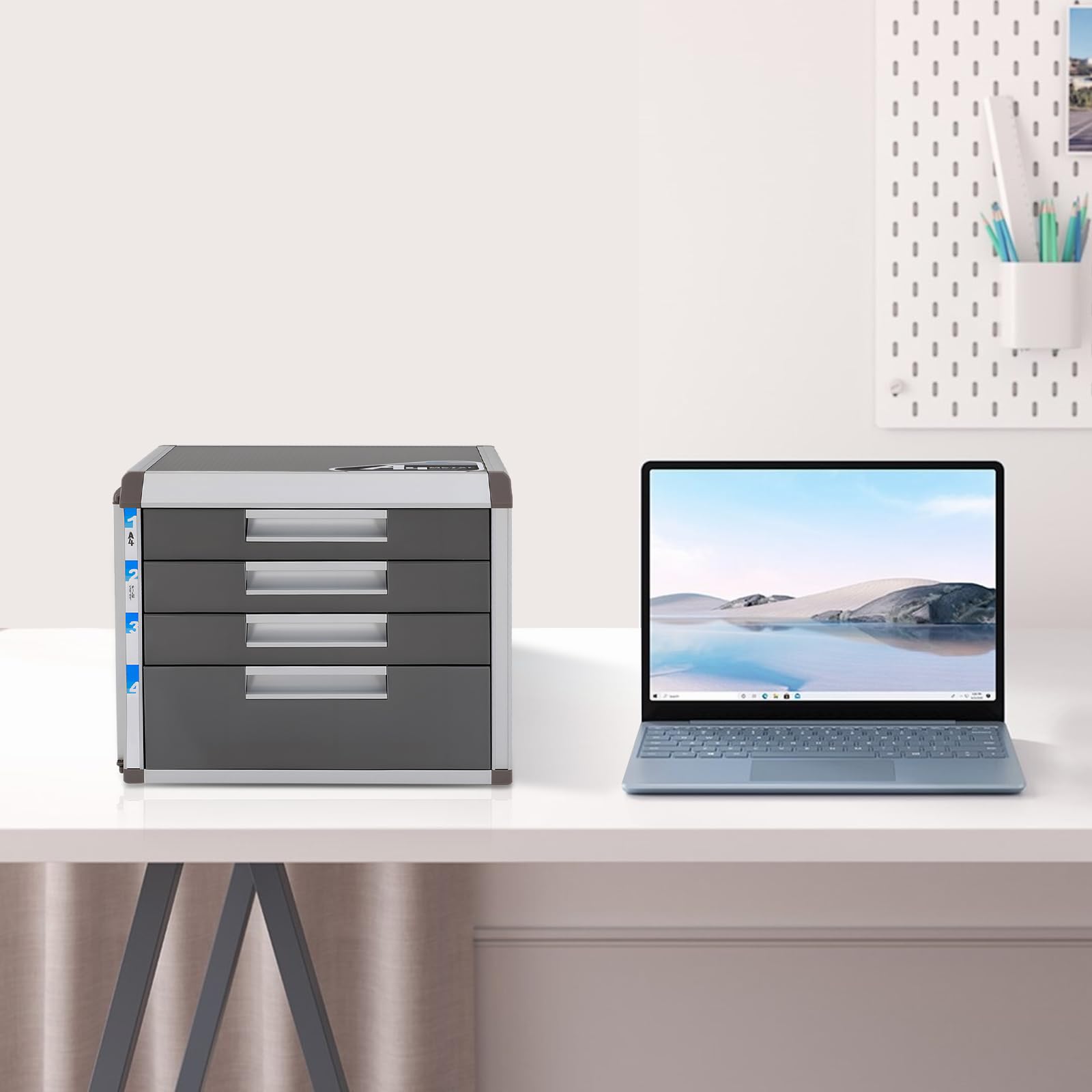Büroschrank 31,5x35x29,8cm für Büro Aktenschrank mit Schloss | ablagebox mit schubladen mit 180° klappbarem Seitenschild, 2 Schlüsseln, ergonomischen Griffen, 4 Schubladen, staubdicht
