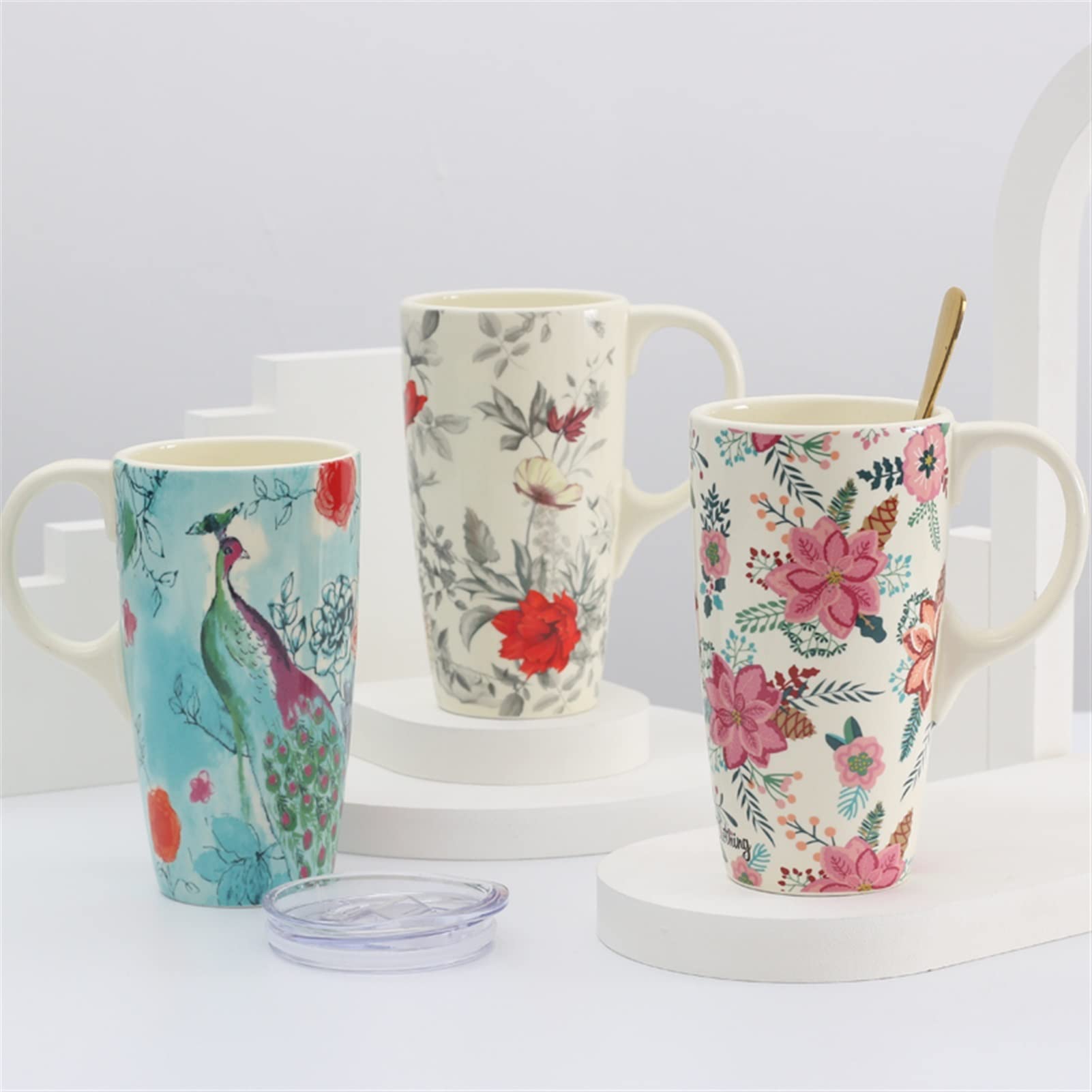 Kaffeetasse Große Kapazität Becher Keramik Reisebecher mit Deckel und Löffel Porzellan Wasser Tasse Milch Kaffee Teetassen Retro Drinkware 400ml Teetasse (Size : 401-500ml, Color : C)