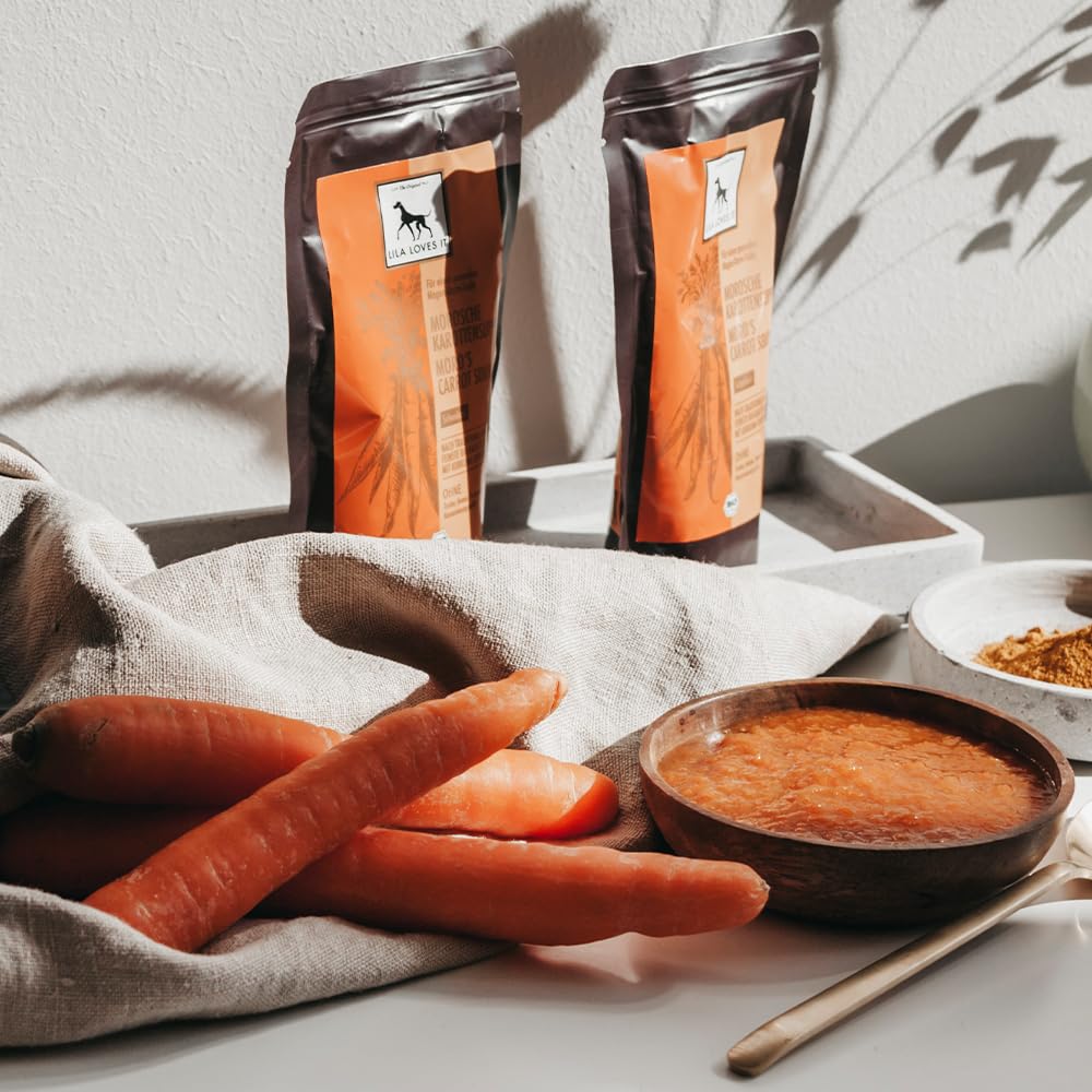 LILA LOVES IT Bio Morosche Karottensuppe für Hunde – altbewährtem Hausrezept, beruhigt den Magen-Darm-Trakt, vegan, Bio MOROSCHE KAROTTENSUPPE, 18 x 130ml Beutel