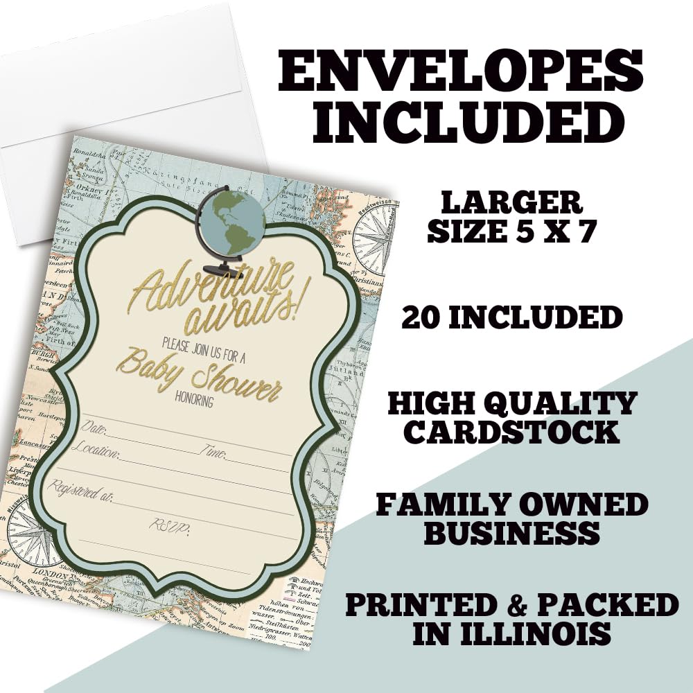 Adventure Awaits World Traveler Gender Neutral Baby Shower Invitations, 20 5x7 Fill In Cards with Twenty White Envelopes by AmandaCreation