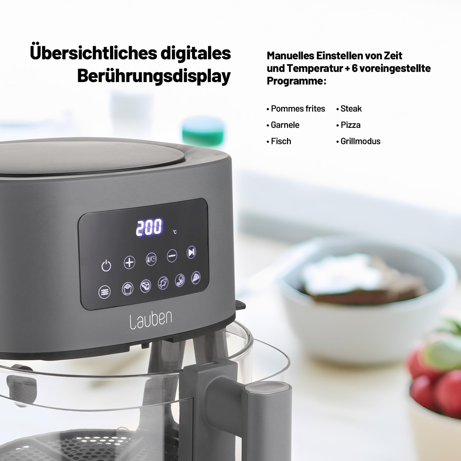 Lauben Glass&Grill Air Fryer 3 w 1 5500BG frytkownica na gorące powietrze o pojemności 4,2 l, kosz do smażenia ze szkła, 6 programów + ręczna regulacja, 3 w 1 – może być używana jako grill i patelnia