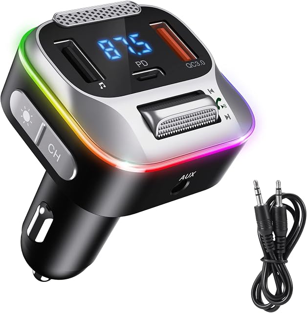 ORIA Bluetooth 5.0 FM Transmitter Car, 30W PD Type-C + QC 3.0 Fast Charge, Wireless Radio Adapter Car with AUX Output Function, Bass Booster, Hands-Free Calling, Music Player Support TF Card/U Disk