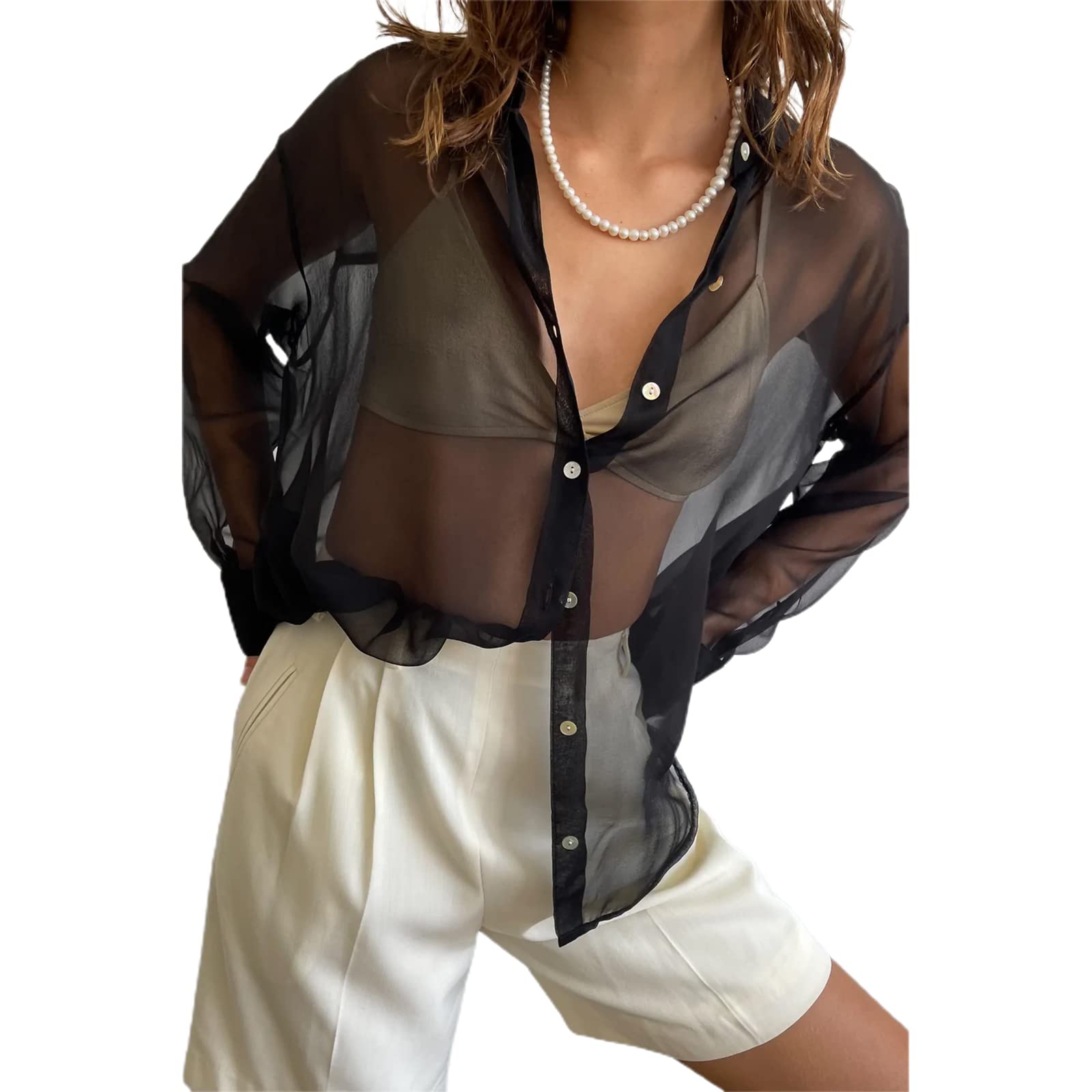 LoalirandoWomen Sexy See-Through Loose Shirts Long Sleeve Button-Down Solid Color Lapel Collar Mesh Basic Blouse Top Streetwear
