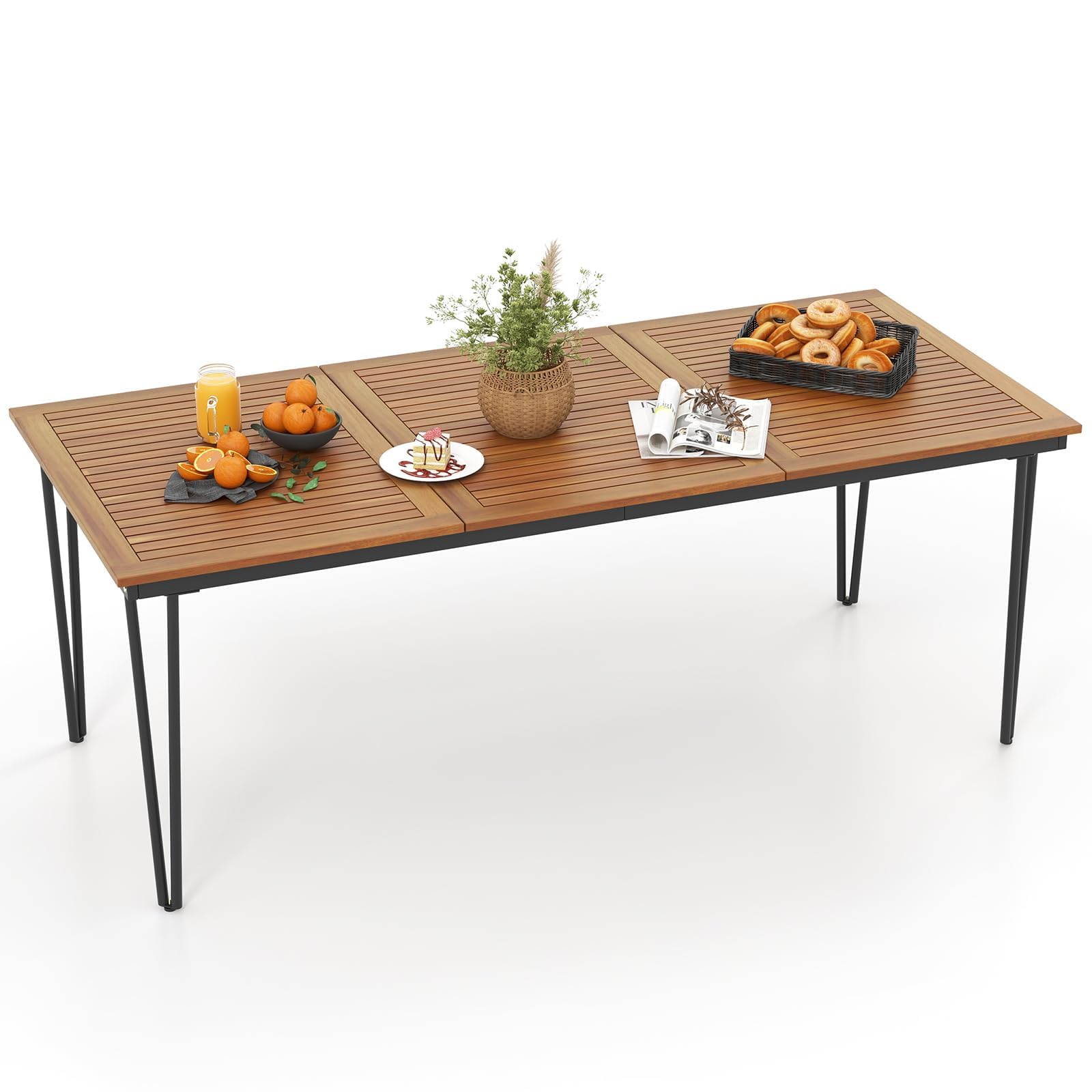 FANTASK 200 x 90 cm, tavolo da giardino rettangolare in legno di acacia, tavolo da pranzo con foro per ombrellone per 8 persone