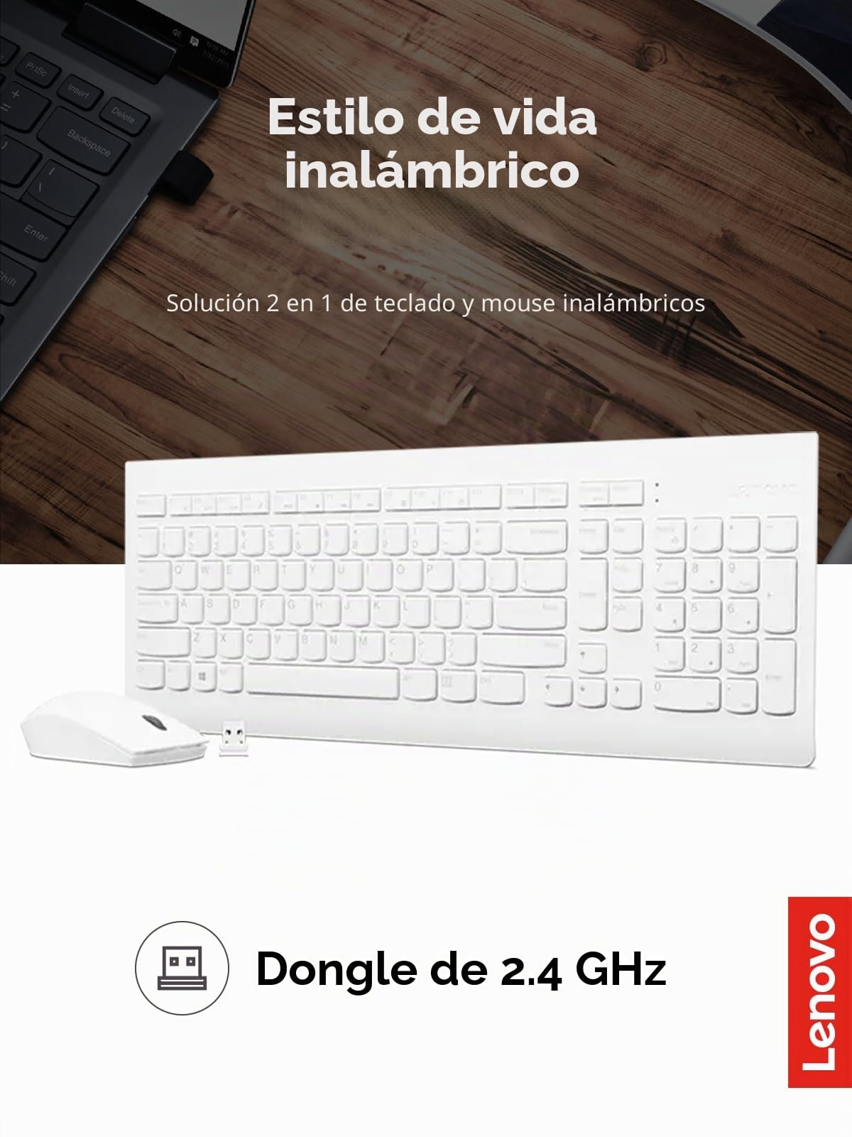Lenovo Combo inalámbrico 510 con Receptor USB de 2,4 GHz, Teclado Delgado de tamaño Completo, Teclado de número Completo, ratón óptico de 1200 dpi, Mano Izquierda o Derecha, GX30W75336, Blanco