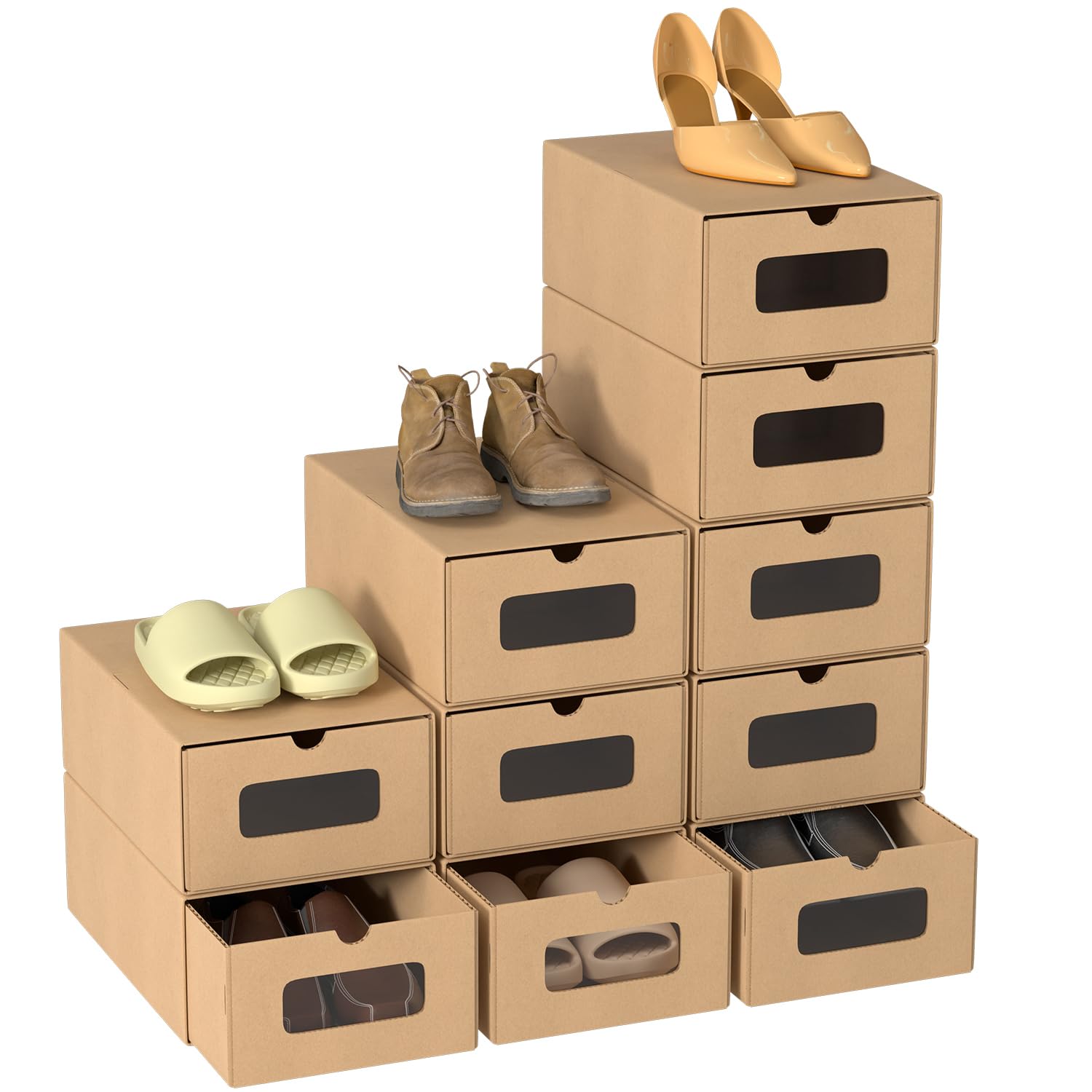 35×23×13 cm - 20x Schuhaufbewahrung Reinbraun mit Sichtfenster – Faltbare Schuhbox aus Kraftpapier, Stapelbar, Schuhkarton Schublade Aufbewahrungsbox Pappe für bis Größe 45