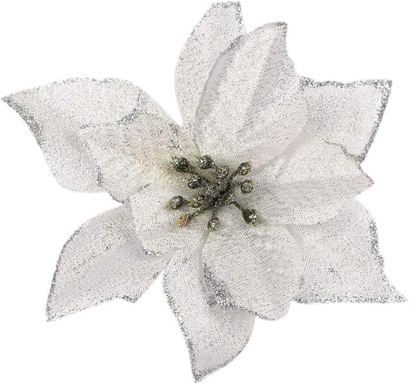 HORHIN Pack of 12 Glitter Poinsettia Christmas Tree Ornaments,Artificial Wedding Christmas Decoration Flowers Dia 5.12 Inch