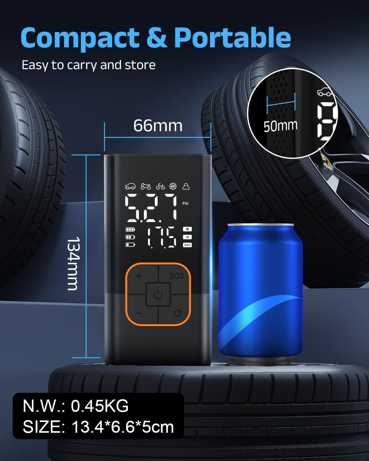 Tyre Inflator Air Compressor, Cordless Electric Car Tyre Pump & Bike Pump with Dual Values Display, Digital Pressure Gauge 150 PSI, LED Light, Portable Tyre Inflator for Car/Bicycle/Motocycle/Ball — view 8