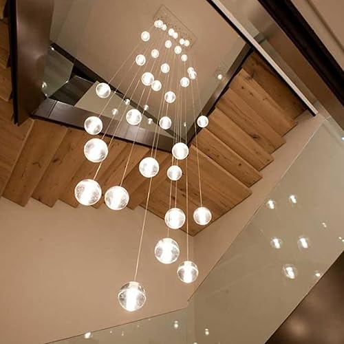 KJLARS Lámpara de araña de cristal LED moderna lámpara colgante de gota de lluvia lámpara de techo de bola de cristal 26 luces para escalera sala de
