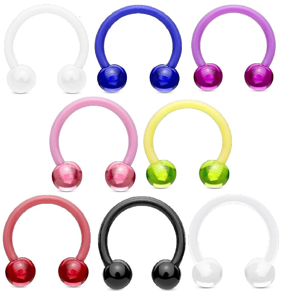 PiercedOff Paquete múltiple de 8 barras de herradura Bio-Flex con bolas acrílicas, grosor de 14 GA (1,6 mm), diámetro de 12 mm, tamaño de bola: 5 mm, Plástico, Sin piedra