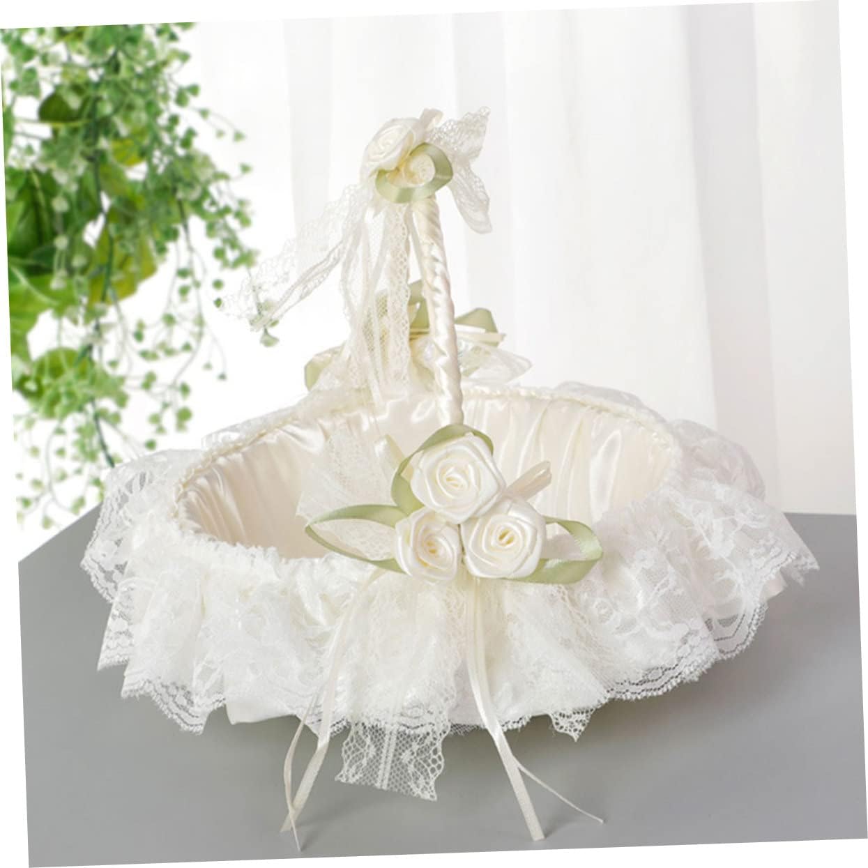 Holibanna Wedding Flower Girl Basket Satin Bowknot Flower Baskets Wicker Rattan Fairy Flower Basket for Weddings Bridal Anniversary Party Decor