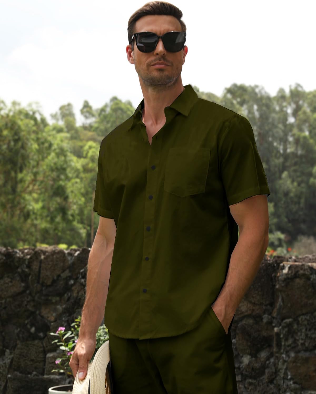 Men's Linen sets 2 Piece Outfits Beach Wedding Clothes Casual Button Down Shirts Yoga Pants Summer Matching Suit - Image 2