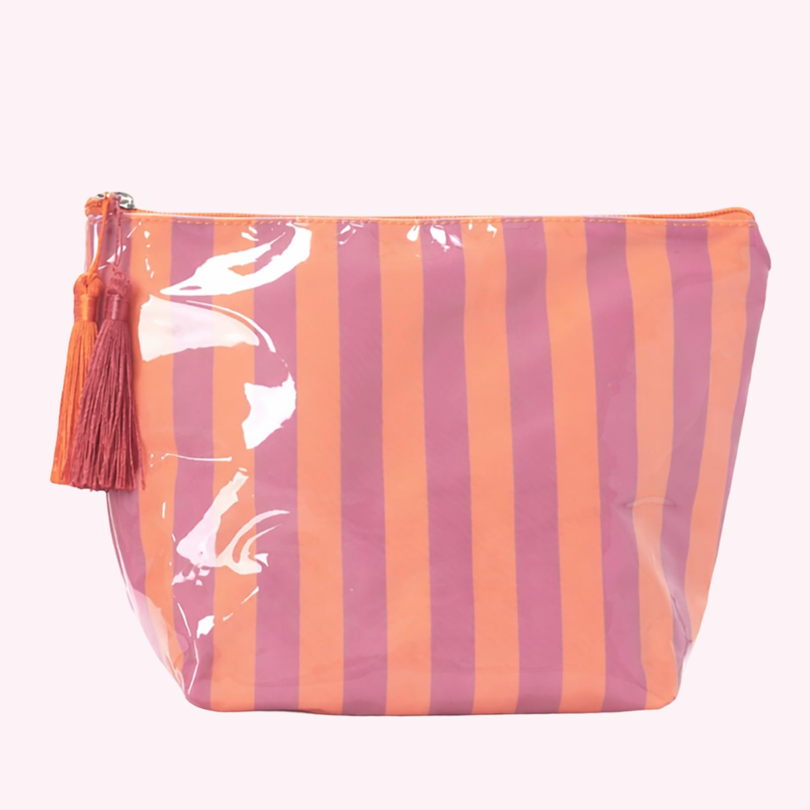 Organizer per cosmetici in PVC, lucido, a righe, grande | EcoGleam Organizer per cosmetici in PVC lucido a righe con nappe, 5 pezzi, 1 borsa portaoggetti, dimensioni