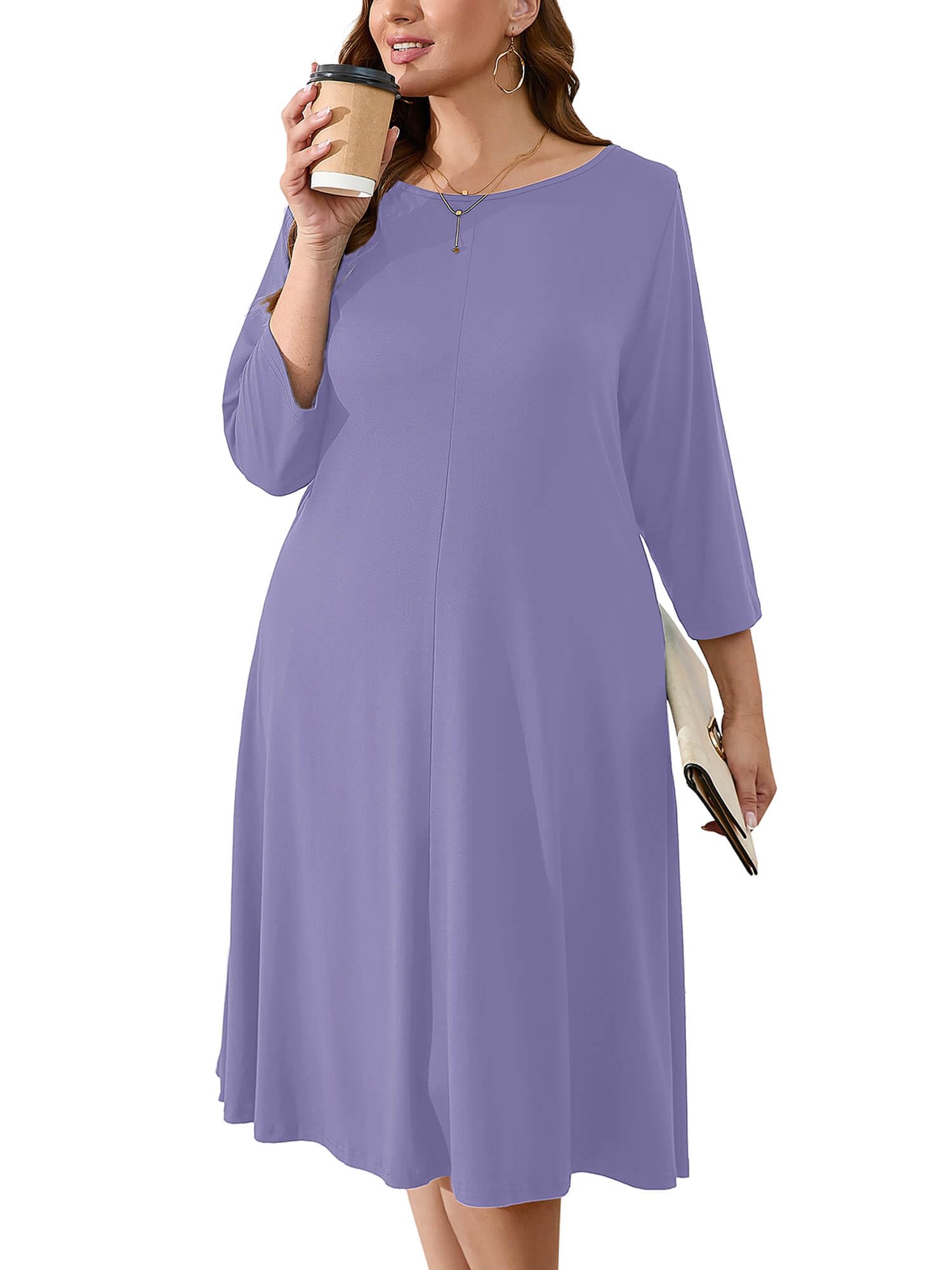 AusLook Women's Plus Midi Dresses Crew Neck A Line 3/4 Sleeves Casual Elegant Loose Wedding Vacation Dress with Pockets